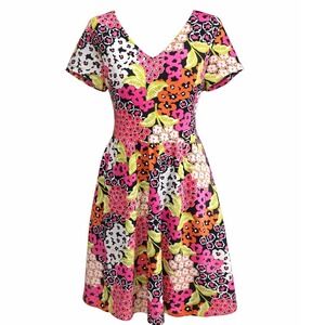 Kaari Blue Womens Floral Fit and Flare Dress V-Neck Pink Orange Green Size M